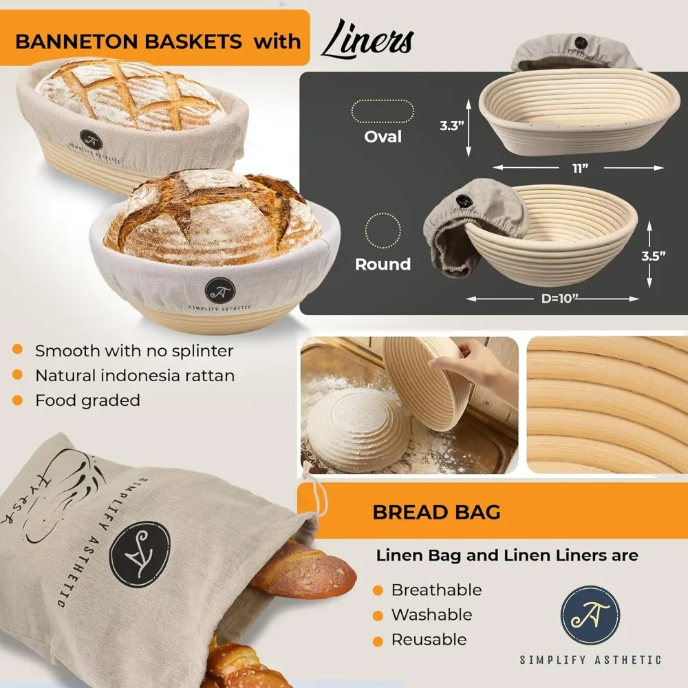 

Premium Bread Proofing Baskets - 11"Oval &10"Round Sourdough Proofing Basket with Liners