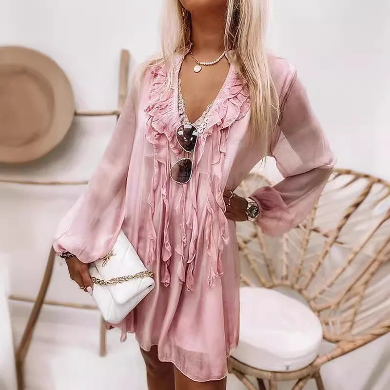 

2025 Fashion Autumn Lotus Leaf Edge Lapel Knee Short Dress V-Neck