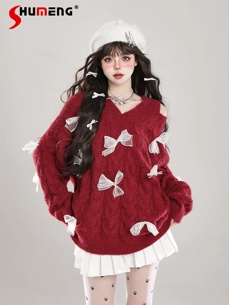 Highstreet Sweet Cool Girl V-neck Off-shoulder Long Sleeve Bow Lazy Casual Loose Red Knitted Sweaters Pullovers For Women Autumn