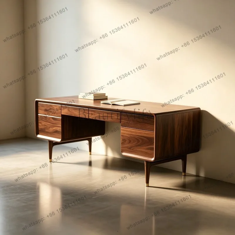YJ modern simple solid wood desk household multi-drawer storage table black walnut