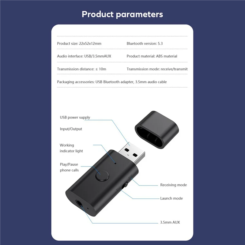 Récepteur émetteur Bluetooth 5.3 JABS-2X, adaptateur USB sans fil Aux 3.5Mm, micro intégré, Streaming de musique, appels mains libres