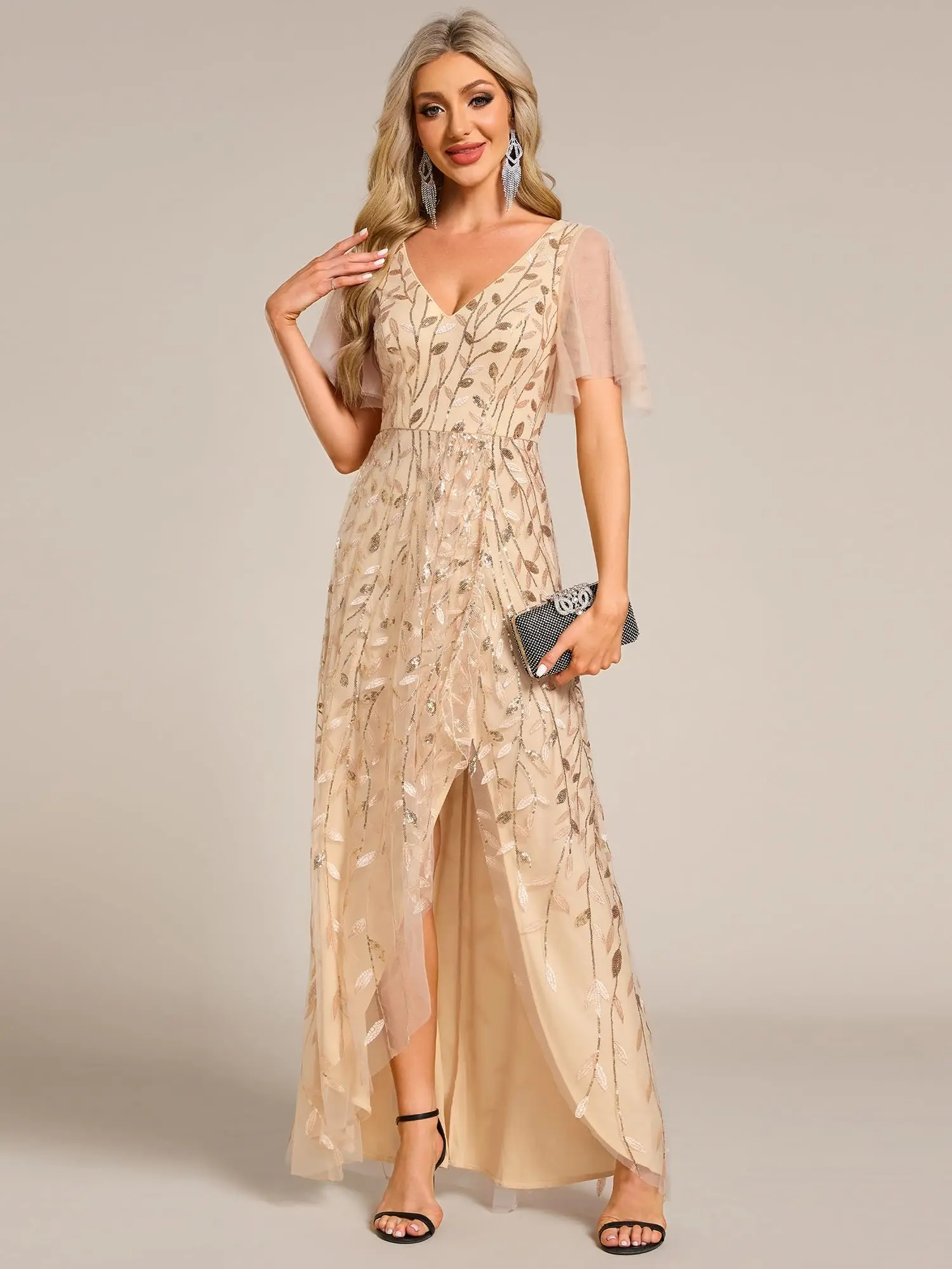

Women's Shimmery Formal Dress V Neck Sequins A-Line Side Slit Elegant Long Evening Dresses