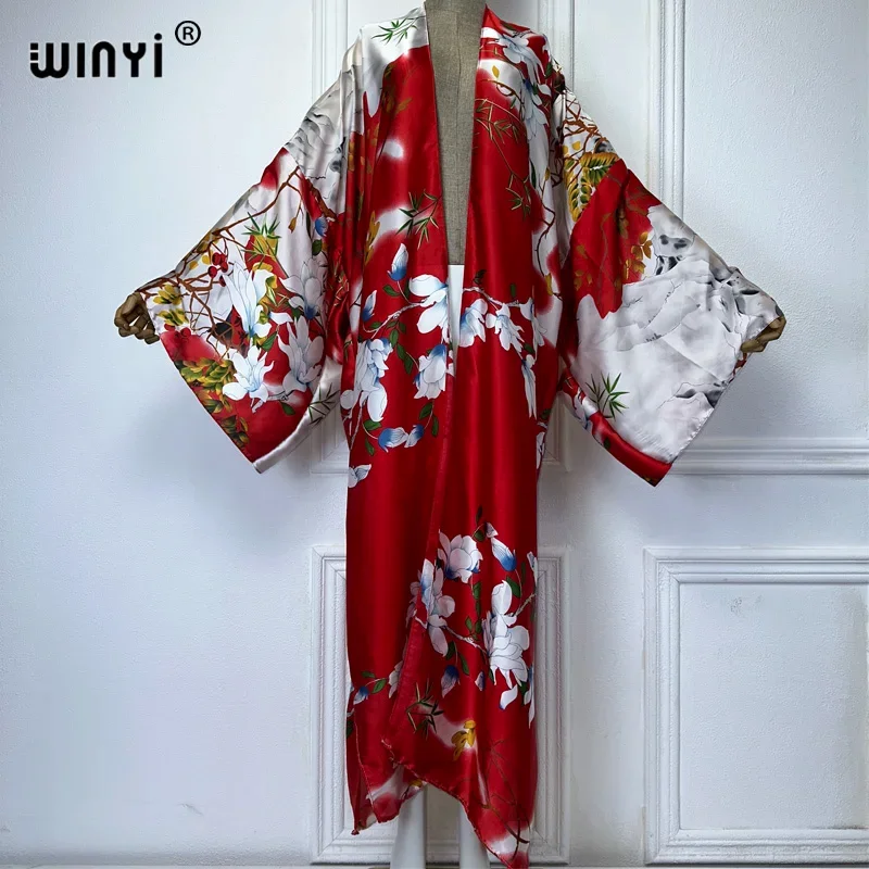 

WINYI Catwalk Kimono Women Printed bubble hem coat Long Sleeve Cardigan abaya dubai luxury beachwear Cover Up boho dress Caftan