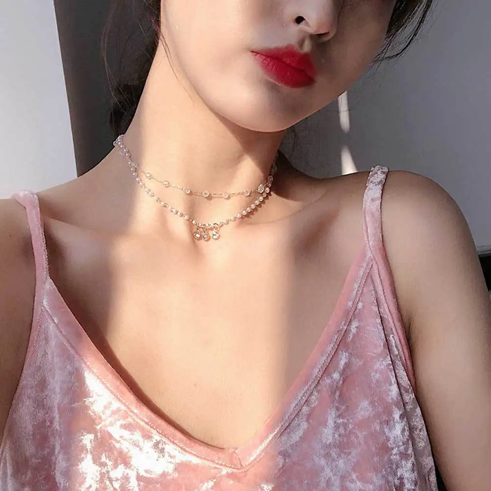 

Pearl Necklace Collar for Women Choker Rhinestone Clavicle Imitation Jewelry Colored