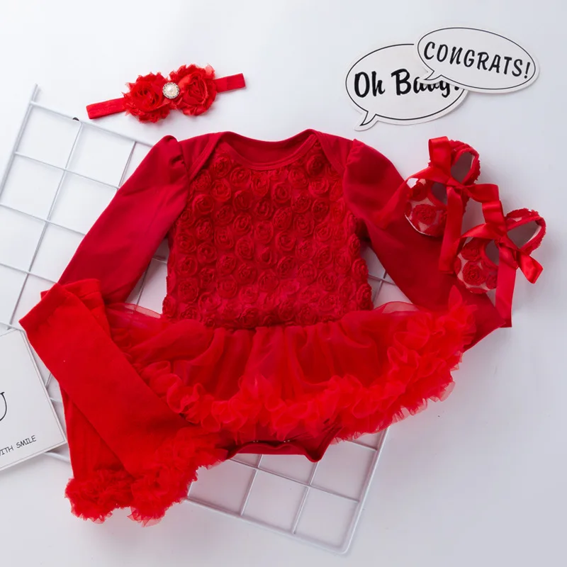 

Платье для маленьких девочек на День святого Валентина, комбинезон с длинными рукавами и розой для девочек, боди, повязки на голову, юбка для новорожденных
