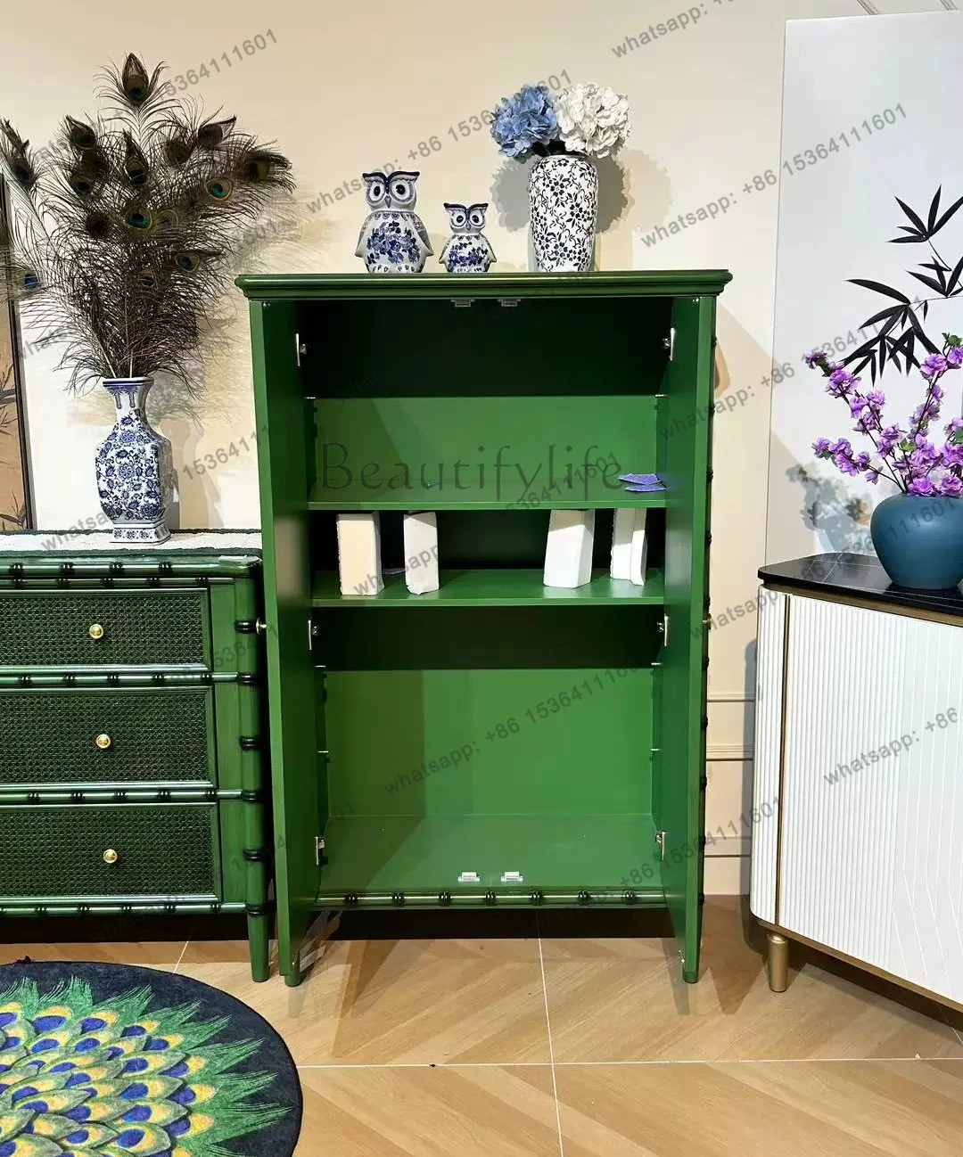 

American retro dining side bamboo cabinet solid wood rattan antique living room entrance cabinet