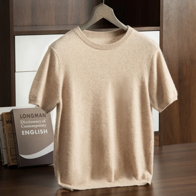 

2024 New Half 100% Cashmere Sweater Men's Four Seasons Versatile Round Neck Short Sleeve Fashion Base