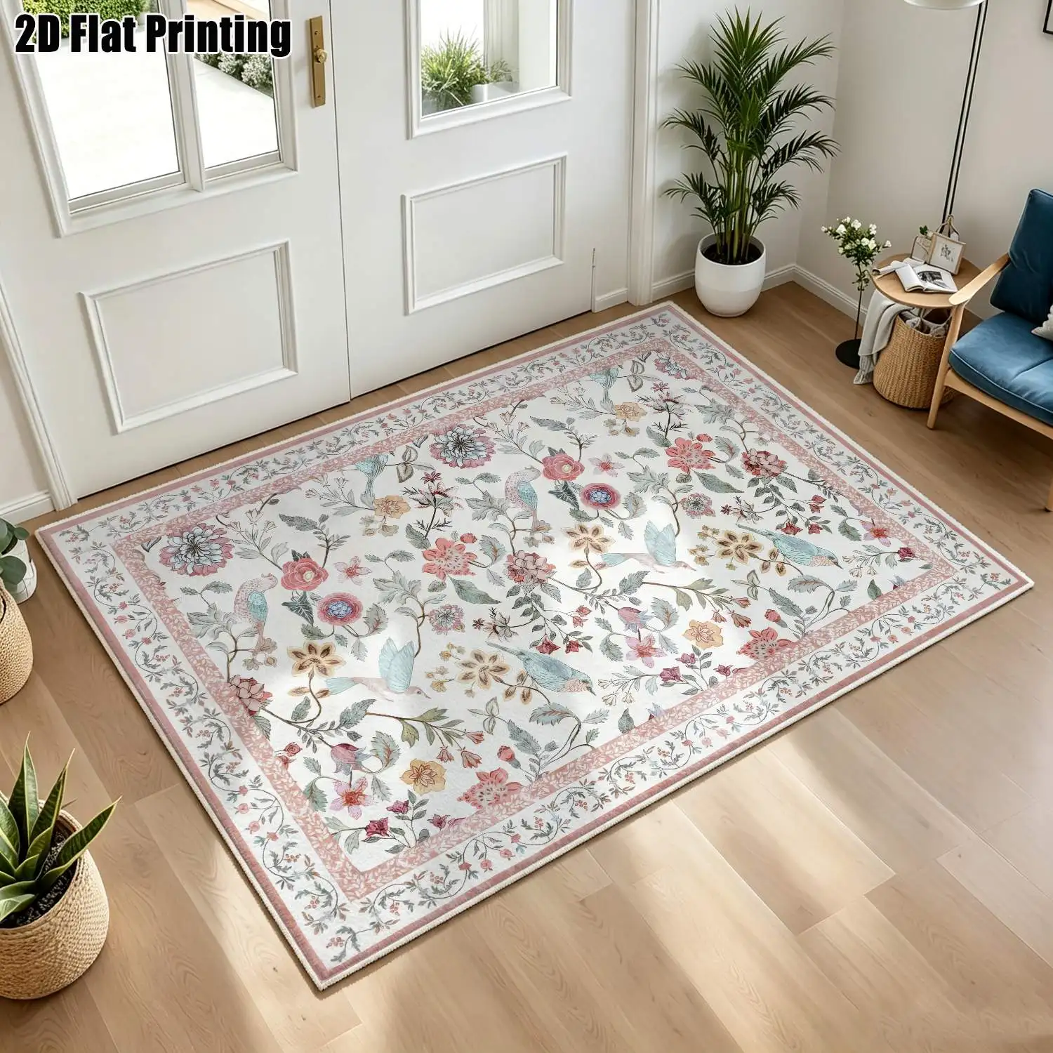 1Pc 2D Printed Blue-White Floral Velvet Carpet, European/Instagram/Minimalist/Vintage Style, Multi-Size, Machine Washable, for Entrance, Dining, Foyer, Bedroom, Living Room Home Decor