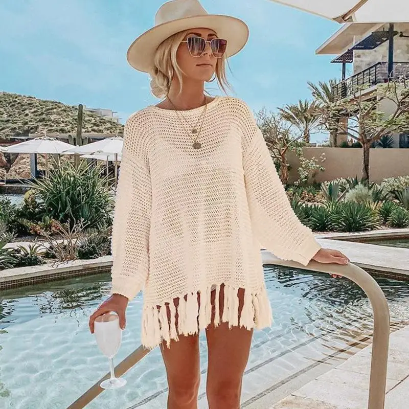 Sexy Womens Crochet Beach Dress See-through Beachwear Pareo Swimsuit Woman Bathing Suit White Dress Beach Cover Up Women Holiday