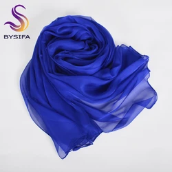 [BYSIFA] Dark Blue Winter Large Scarf Shawl Female Fashion 100% Mulberry Silk Long Scarves Wraps Spring Fall Silk Scarf Cape