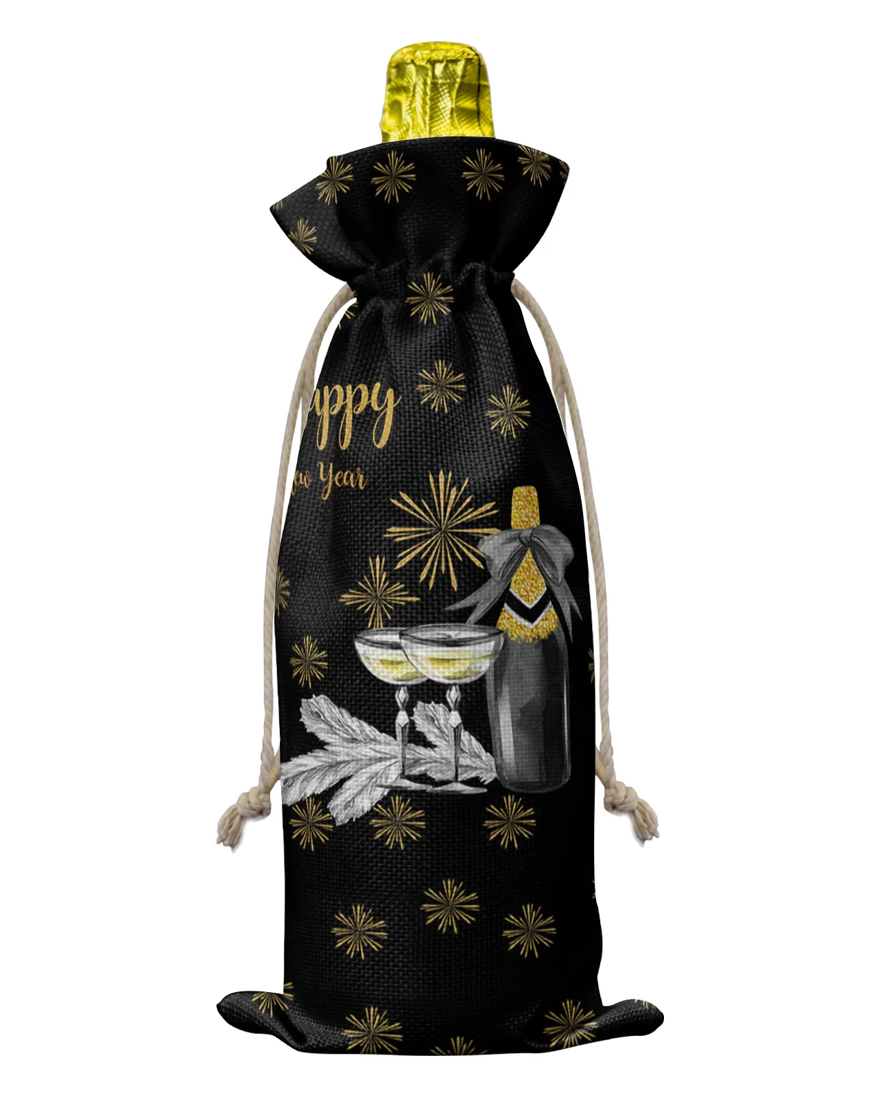 Yellow Fireworks On A Black Background Wine Bottle Covers with Drawstring Wine Bag Packaging Bag Wedding Party Decor Gift