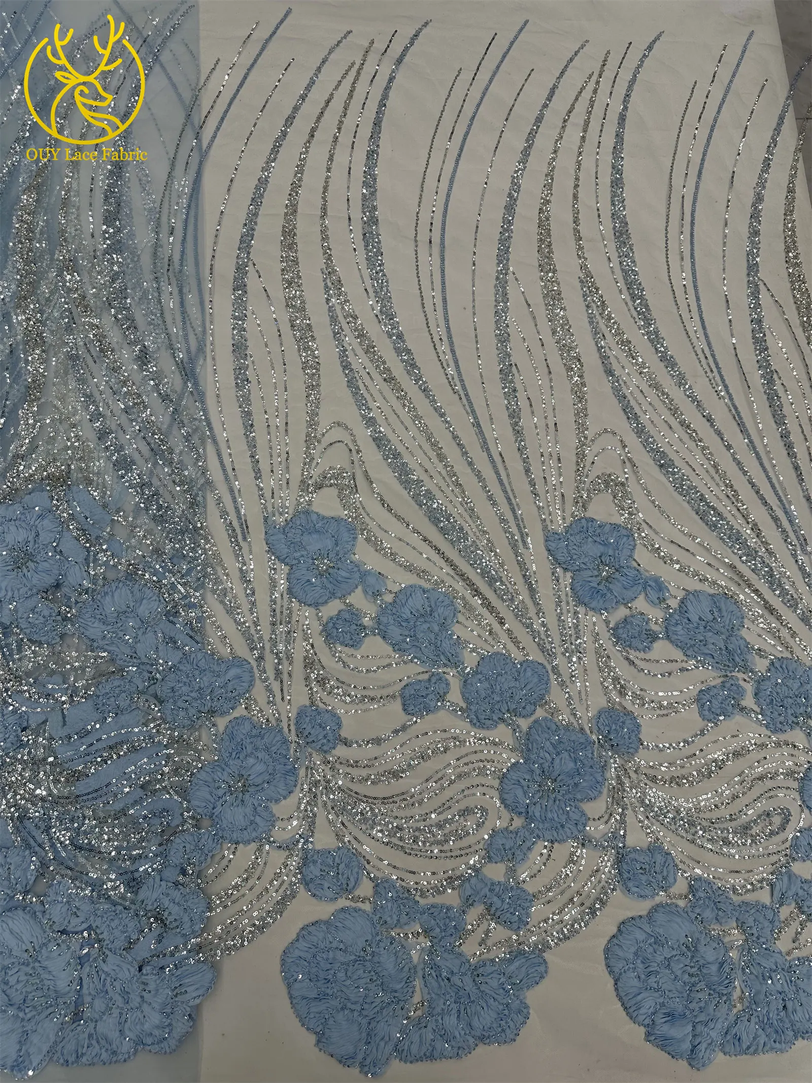 Modische französische 3D-Mesh-Stickerei-Spitze, afrikanischer Perlen-Spitzenstoff, himmelblauer nigerianischer Tüll-Spitzenstoff für Hochzeitskleider und Partykleider zum Nähen – Detail 5