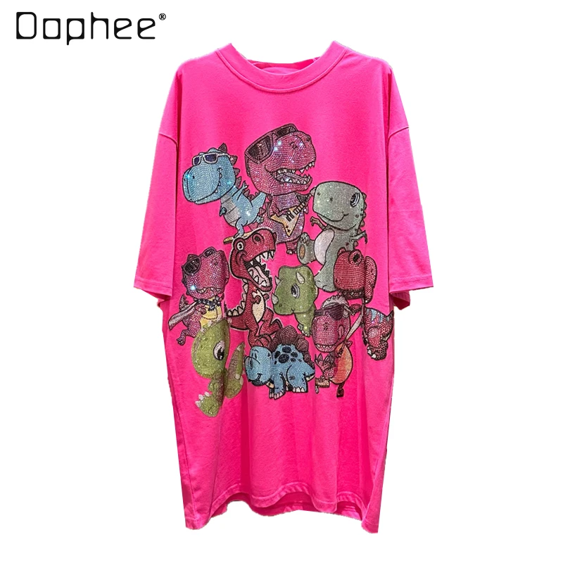 Imagem -04 - Streetwear Feminino Meados de Comprimento Tshirt 2023 Verão Novo Casual Oversize Rosa Vermelho Grande Dinossauro Paraíso Perfuração Quente Midi Roupas