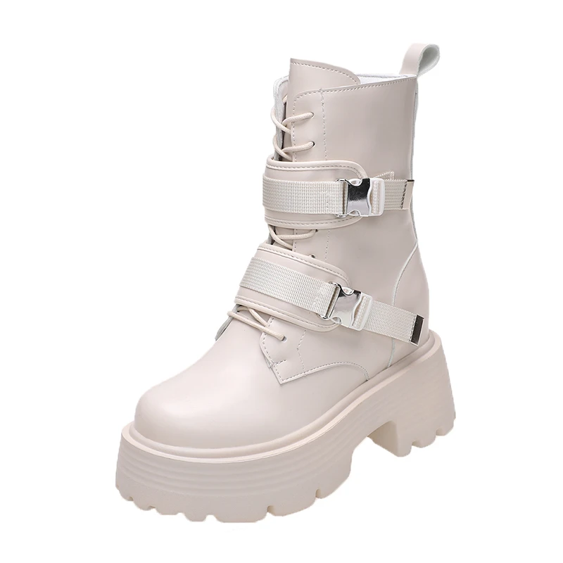 Winter High Platform Leather Boots 8CM Wedges Buckle Ankle Boots Women 2022 Female Punk Style High Heels Motorcycle Shoes Woman