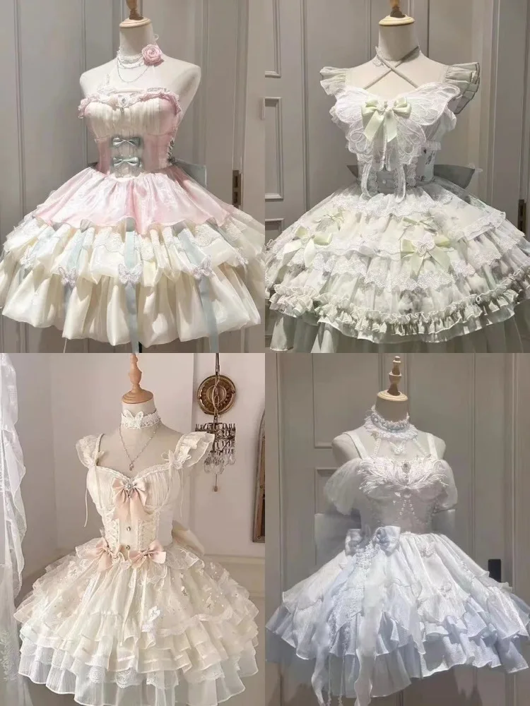 

Sweet Lolita Y2k Mini Dresses Women Lace Patchwork Short Sleeve Elegant Bandage French Vintage Short Party Dress Female Summer