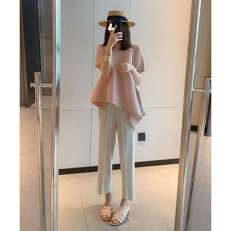 

Hong Kong Style Retro Chic Short Sleeve Two-Piece Set Casual Wide Leg Pants Street Style Ageless Fashion Women's Ensemble
