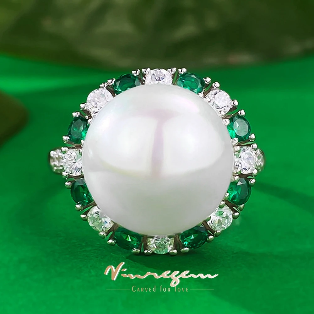 

Vinregem 18K White Gold Classic 12MM Pearl Emerald Gemstone Ring for Women 925 Sterling Silver Wedding Engagement Fine Jewelry