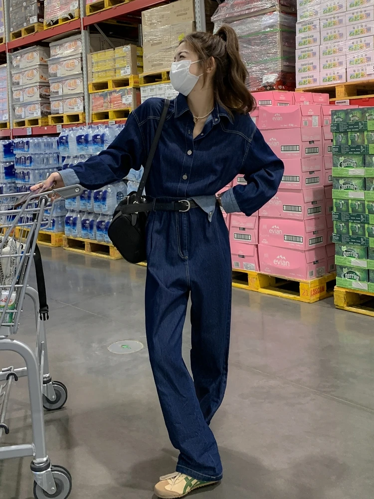 Lusam Tuta di jeans a gamba larga a vita alta da donna Primavera Autunno Nuovo Sle Hong Kong Sle Abito intero dimagrante fino al pavimento