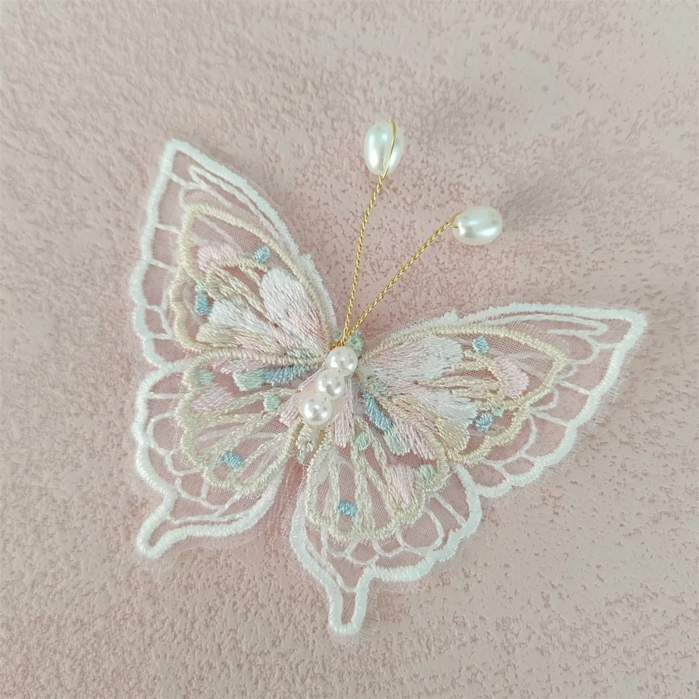 3D Pearl Butterfly Appliques Double-layer Cloth Butterfly Embroidered Patches Chinese Style Simulation Fabric Butterfly Patch