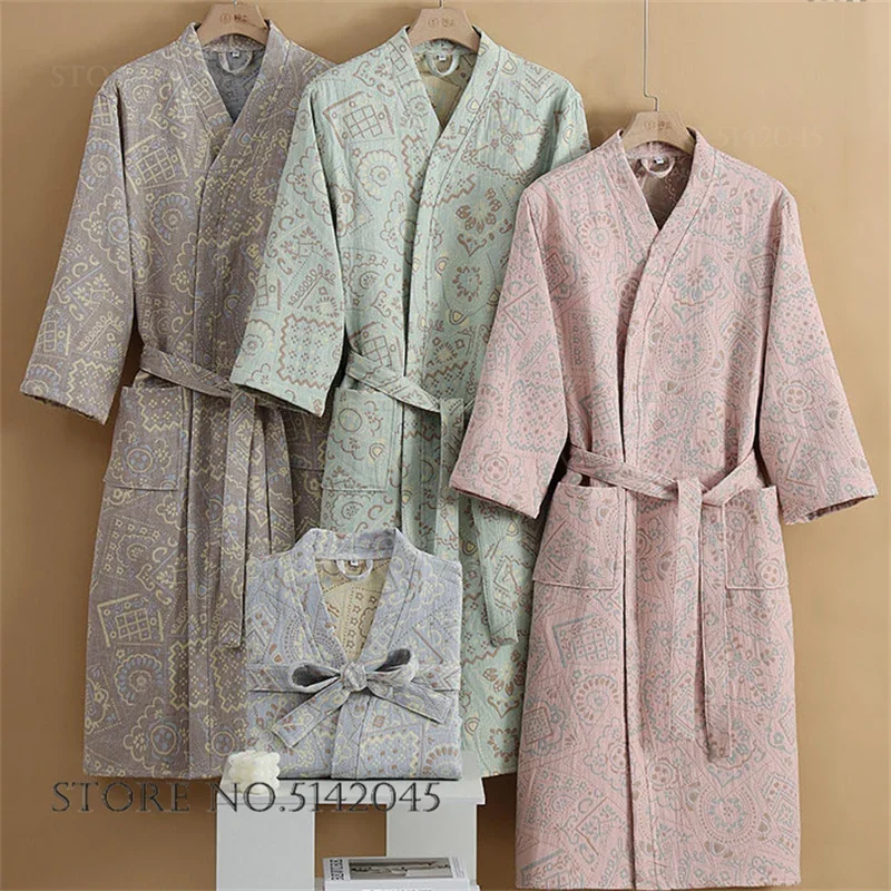 Jacquard Cotton Robe Kimono Bathrobe Gown Sleepwear Spring Autumn New Sleepwar Nightgown Cotton Gauze Home Clothes Lounge Wear