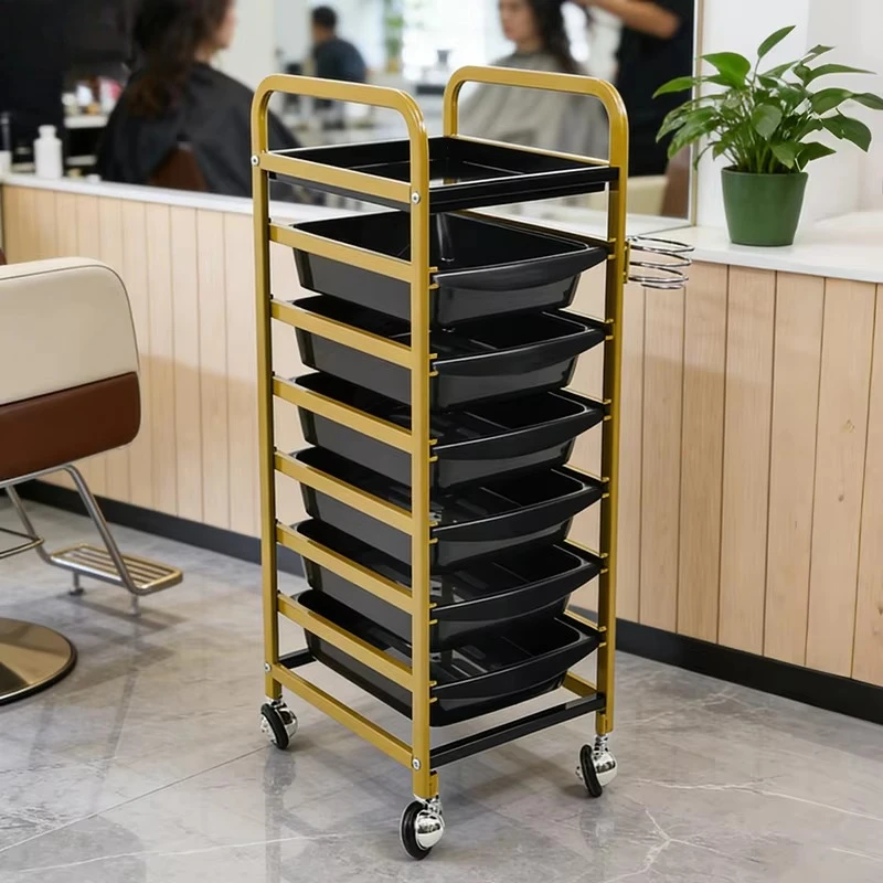 Golden Barber Cart Iron Frame with 6 Double Drawer Salon Cart