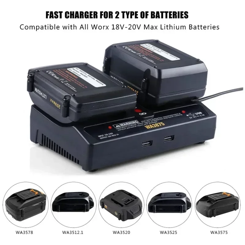 WA3875 Charger Replacement For Worx 20V WA3770 WA3520 WA3525 WA3575 Dual-Port 20 MAX Li-ion Battery Charger with LED Indicator