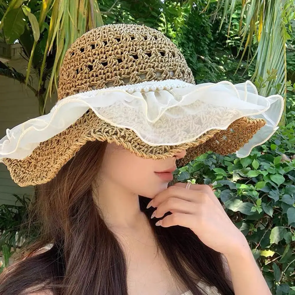 Vacation Sun Hat Large Brim Foldable Ruffled Lace Design Sun Protection Hat Summer Outdoor Travel Beach Vacation Hat