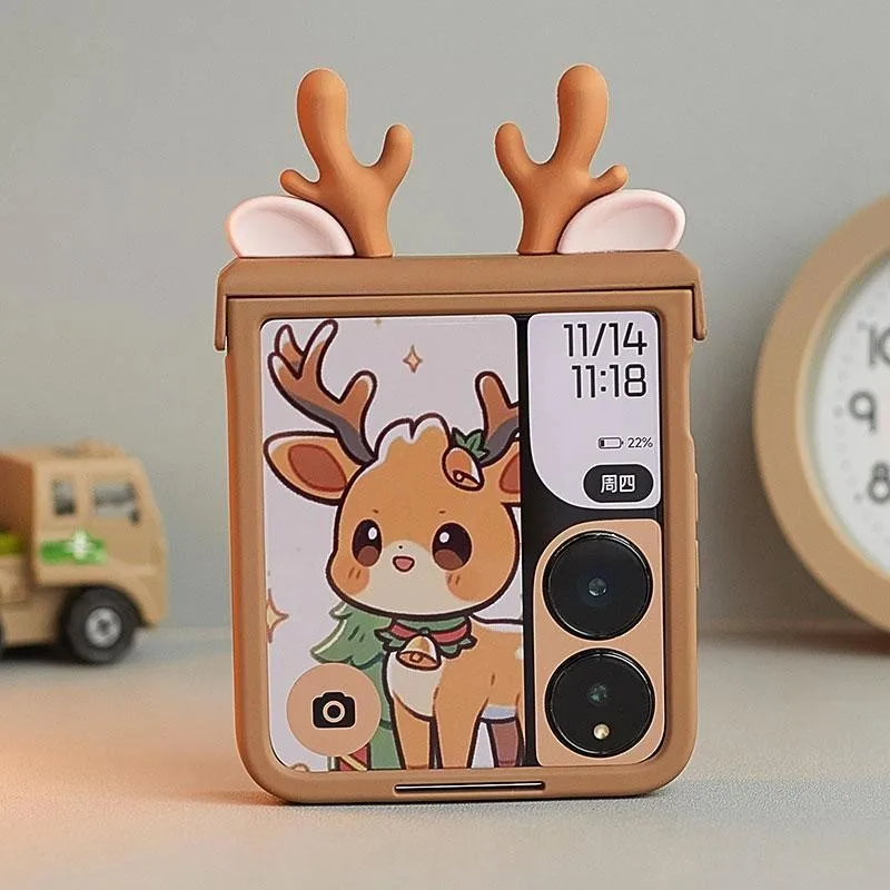 Cute flip phone case for Xiaomi Mix Flip Case Brown Kawai 3d Deer Ears Phone Cover with lanyard