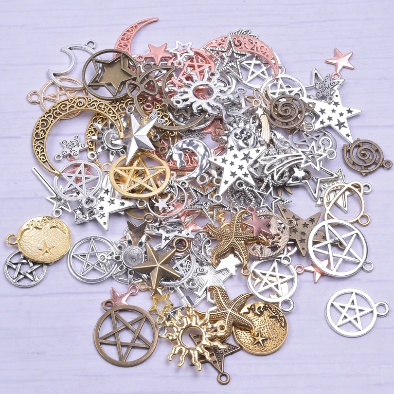 50 teile/los Zufällige Mischung Sonne Mond Stern Anhänger Charms Für Schmuck Machen Liefert Metall Zubehör DIY Armbänder Halskette Anhänger – Detail 2