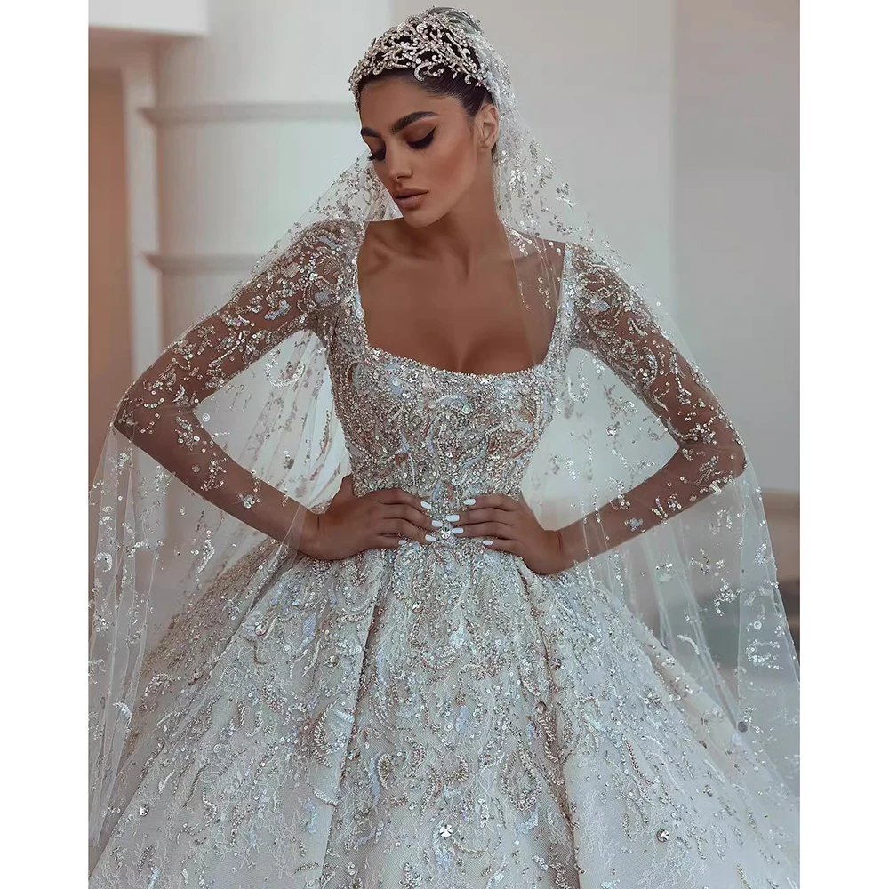 Luxuoso pescoço quadrado vestidos de casamento lantejoulas frisado renda ilusão mangas compridas vestido de noiva personalizado princesa vestido de noiva