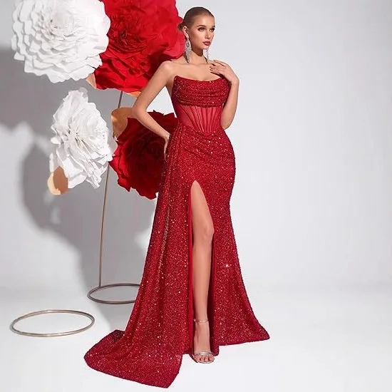 Sequined Tube Top Evening Dress European and American Split Small Trailing Birthday Ball Temperament Catwalk Dress