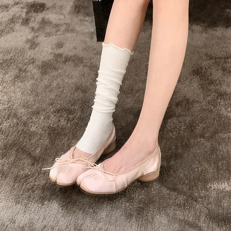 Spring Summer Luxury Satin Bowknot Split toe Women Pumps Ballet Style Fashion Pleated Tabi Low Heeled Casual Loafers Lazy shoes view 5