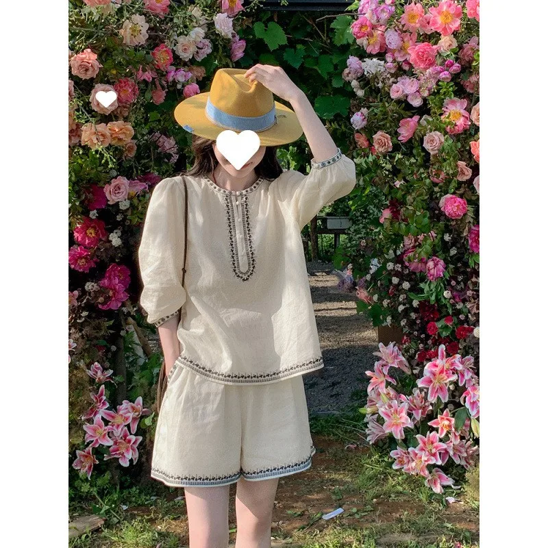 

n Комплект из хлопкового льна с вышивкой, женский летний винтажный художественный комплект Svel irt orts, льняной комплект из двух предметов, моющийся E...