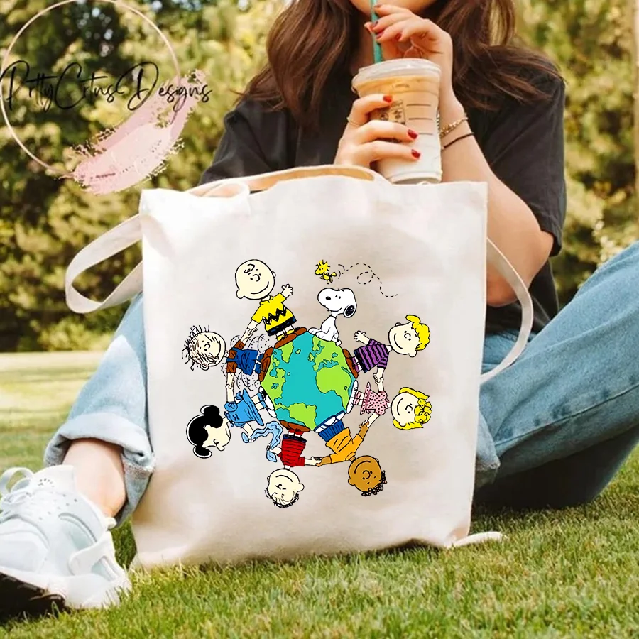 Snoopy Canvas Bag Cotton Anime Cartoon Funny Shopping Tote Pouch Commuter Student Shopping Packet Simple Fashion Women Bags Gift