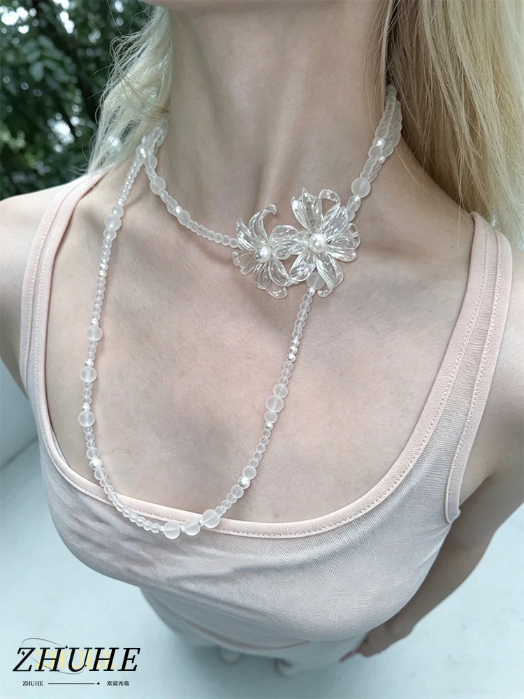 

Women’s Jewelry Accessories, Transparent Acrylic Multi-Layer Necklace, Delicate Flower Pendant Choker, Romantic Long Beaded Chai