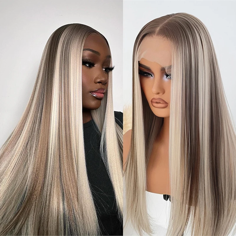 Human Hair Blend Highlighted Pre-Plucked HD Lace Front Wig Long Straight Platinum Ash Blonde Highlight Synthetic Wigs for Women