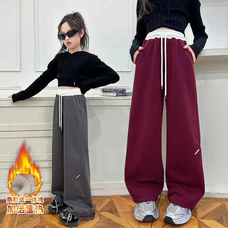 2025 Child Winter Fleece-lined Pants for Girl Straight Cut Warm Thermal Trousers Kids Teens High Street Thickened Sweatpants