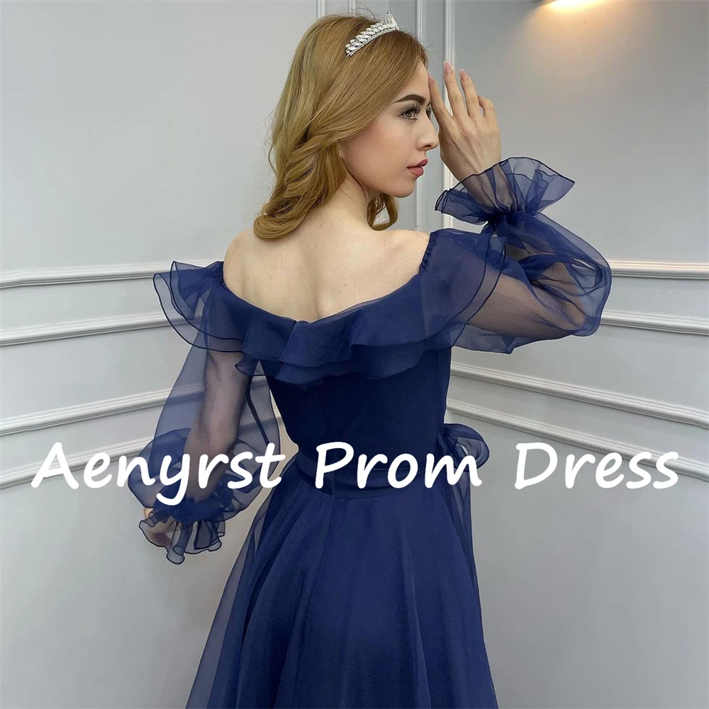 Aenyrst Off Shoulder Long Sleeves Evening Dresses A Line Ruffles Orangza V Neck Belt Prom Gowns Floor Length Dinner Party Dress