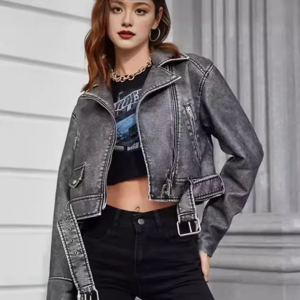 

Retro Lapel Women's Leather Jacket Imitation Loose Fit Zipper Design Trendy Streetwear European American Style for Autumn