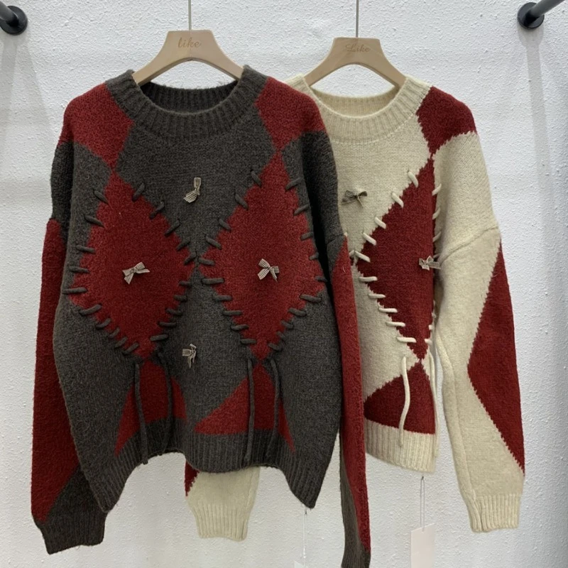 

Вязаный женский свитер, корейская зимняя одежда, модные свободные осенние джемперы для отдыха, клетчатый женский пуловер с длинными рукавами