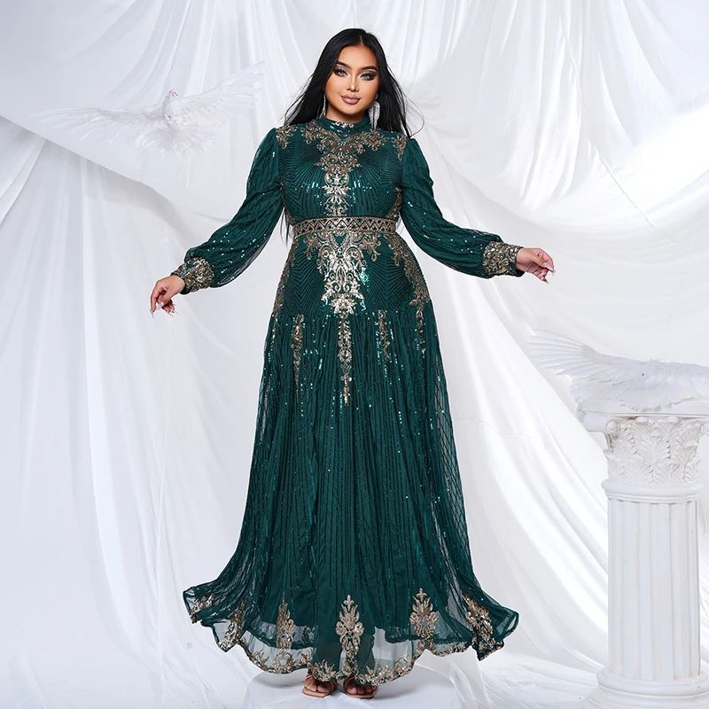 

Green Sequined Dress 2024 Women Long Sleeve O Neck Special Formal Occasion Luxury Cocktail Prom Evening Party Maxi Dress