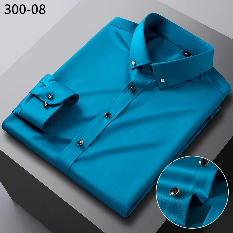 New Men\'s Silk Shirts Long Sleeve Drill Button Solid Color Silky Business Formal Social No Iron and Wrinkle Soft Fashion Clothes