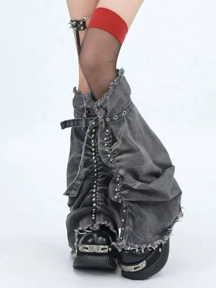 Harajuku Denim Rivet Punk Grunge Flare Leg Warmers Socks Women Girls Knee High Boots Cover Streetwear Belt Y2k Aesthetic Gothic