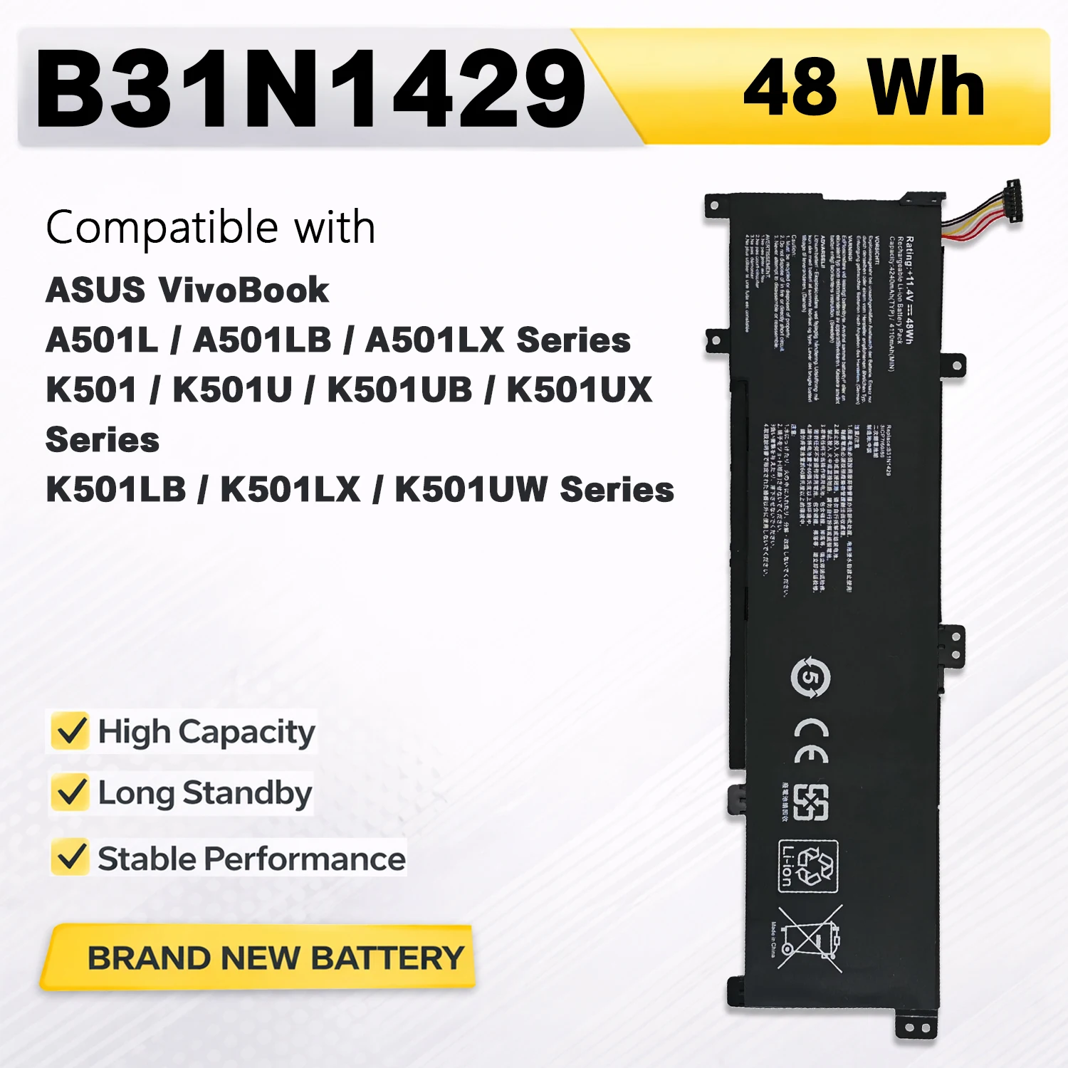 PowerHub B31N1429 11.4V 48Wh Laptop Battery For ASUS VivoBook A501L K501 K501U K501UX K501UB Replace 0B200-01460100