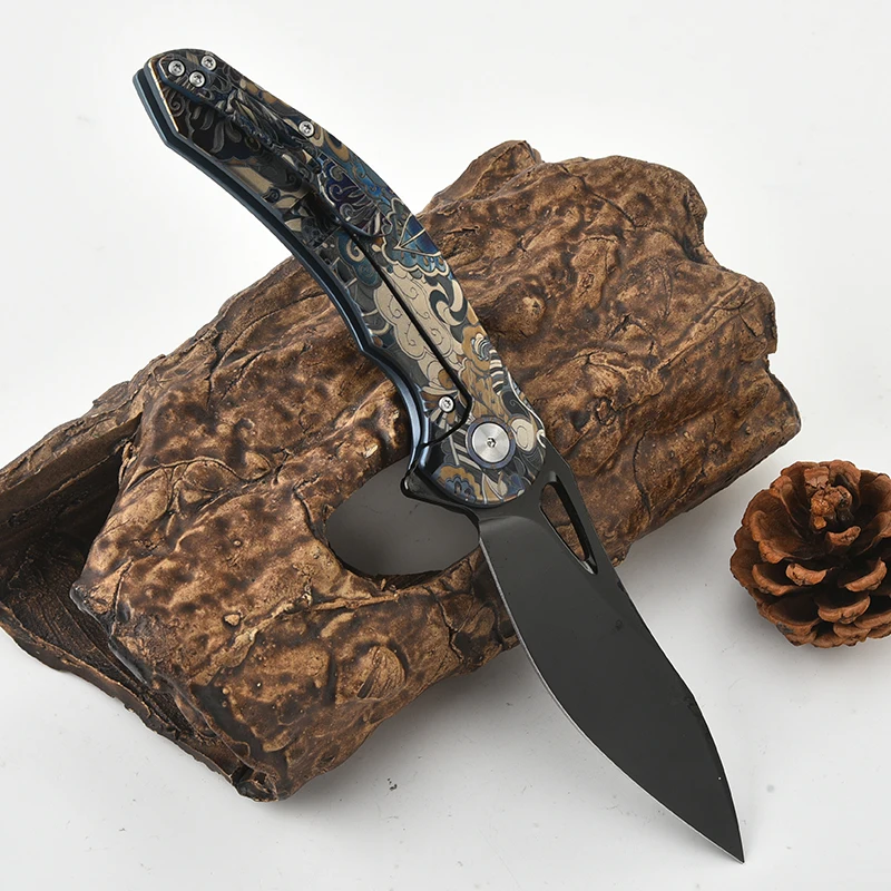 Multifunctional folding knife camping field titanium alloy Lindsay carving process handle+S125V steel blade