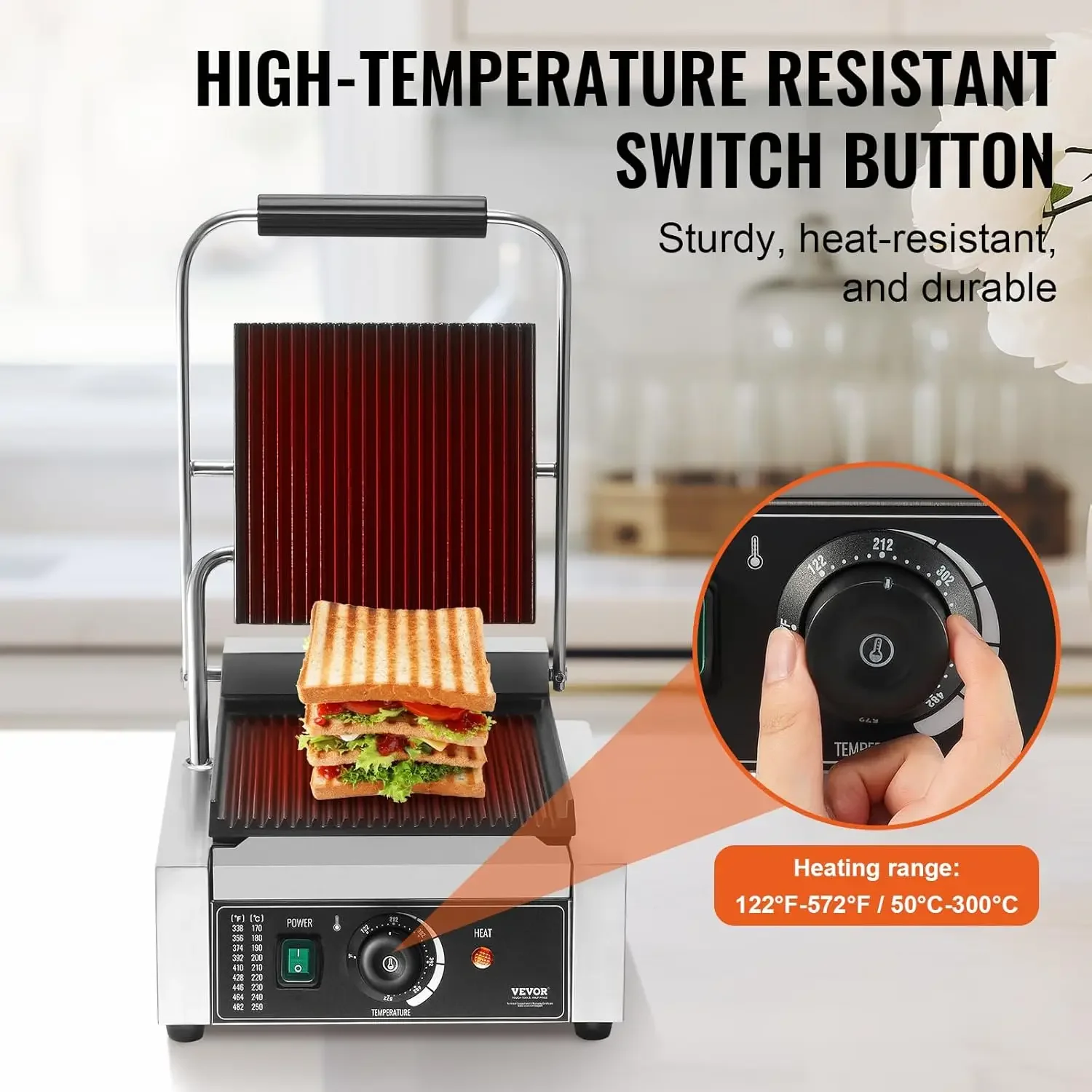 Parrilla de Panini comercial, máquina de Panini de sándwich eléctrica de 1800W, parrilla de prensa de sándwich de acero inoxidable, parrilla de Panini con Tem