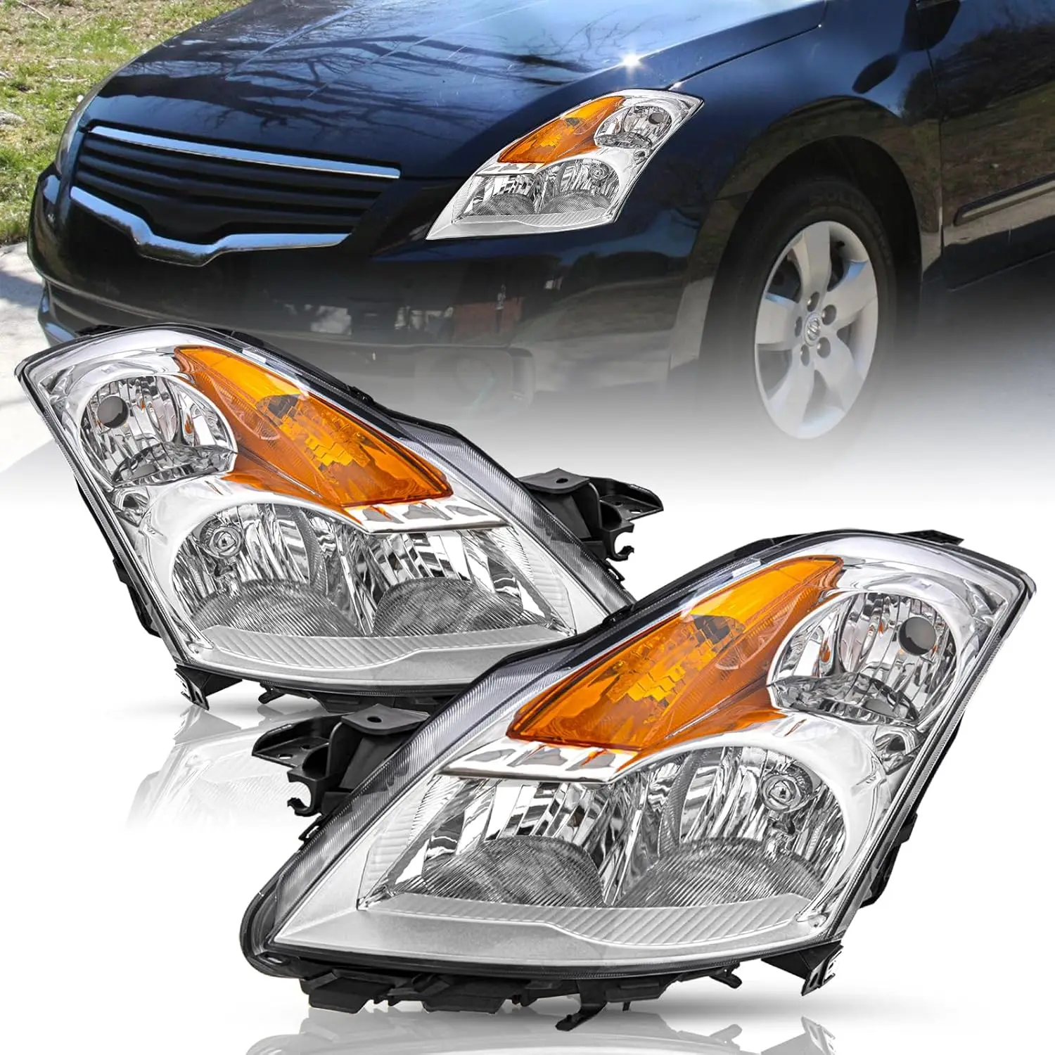

Галогенная фара в сборе для Nissan Altima 4Dr Sedan 2007 2008 2009 годов, хромированный корпус с прозрачными линзами и янтарным отражателем, фара Dr