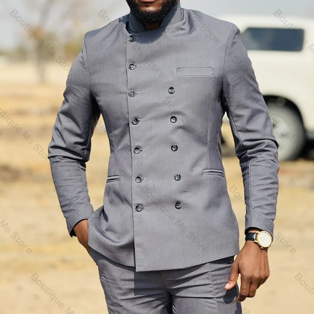 

Grey Double Breasted Men Suit Two Pieces(Jacket+Pants) Outfits Stand-up Collar Casual Party Prom Clothing