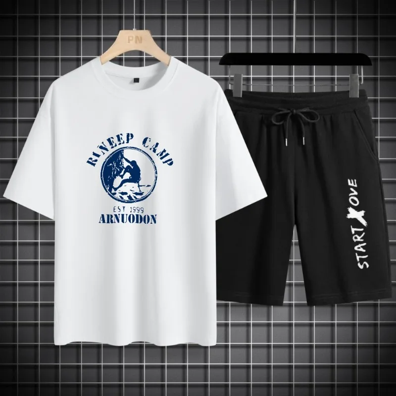 

Men Summer Casual High Quality Thin Breathable and Fast Drying Outdoor Two-piece Short-sleeved T-shirt Paired with Stylish Suit