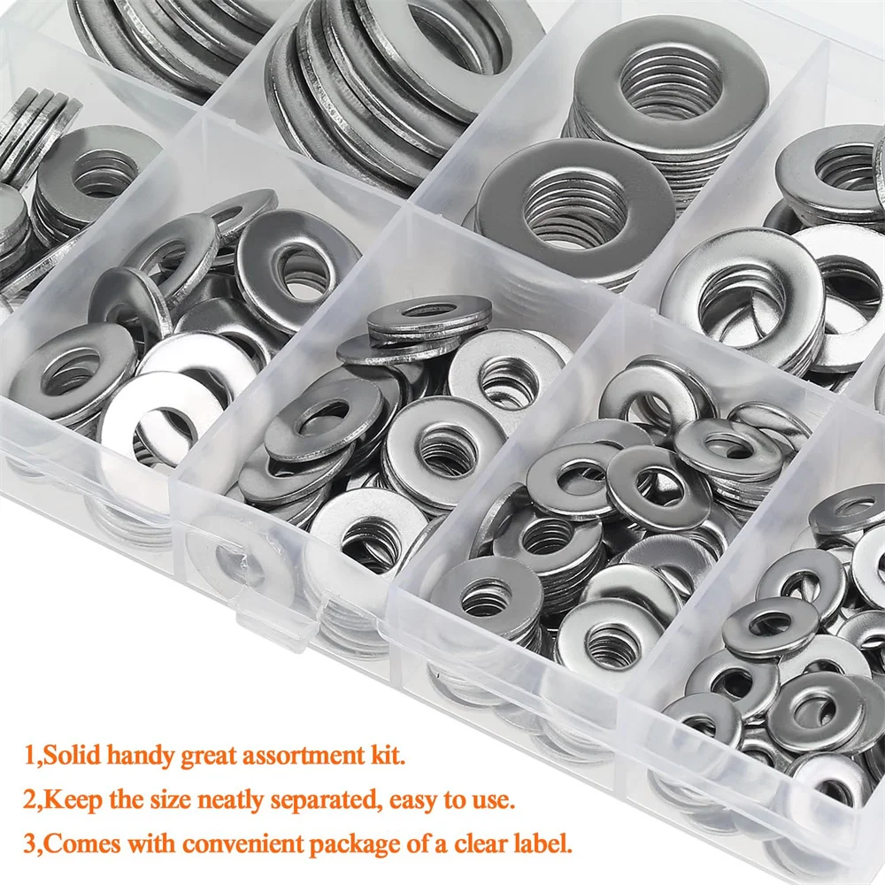 

254pcs Stainless Steel Flat Washers, 304 Stainless Steel Washers,Fender Washers,Metal Washers Kit,1/2 3/8 5/16 1/4 12# 10# 8# 6#